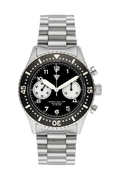 Orologio Vertigo Pilot One V2 reverse panda cronografo vista frontale con bracciale in acciaio e quadrante nero stile pilot automatico