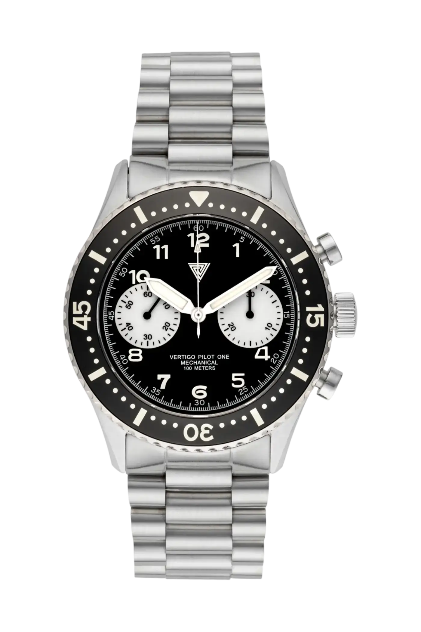 Orologio Vertigo Pilot One V2 reverse panda cronografo vista frontale con bracciale in acciaio e quadrante nero stile pilot automatico